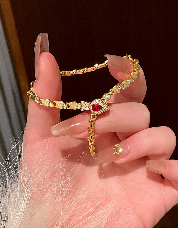 French vintage snake bone ruby open bracelet, light luxury high-end feel, elegant bangle with a niche design for women - view 4