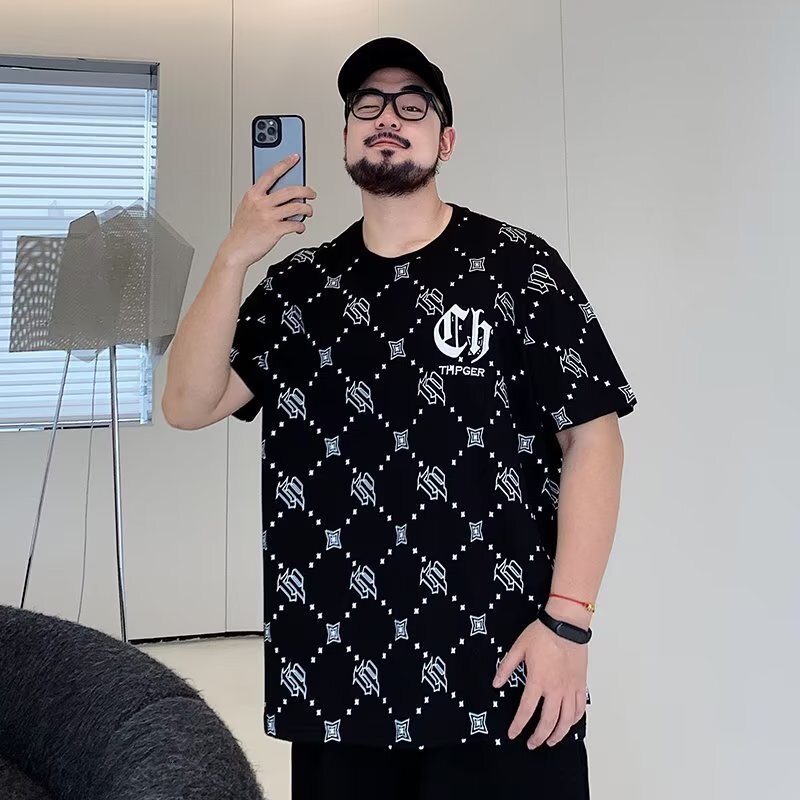 2026 Extra Large 150kg Summer Full Print Designer T-shirt Luxury Trendy Brand Diamond Grid Men's Fat Loose Short Sleeve Top Youth Breathable Mois