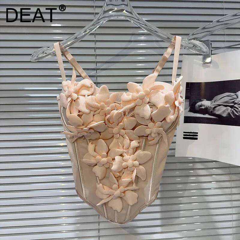 2026 New Women 3D Floral Camisole Fishbone Waist Slim Tank Top With Chest Pad Sexy Sling Vest Fashion Crop Top MAKOUFEI