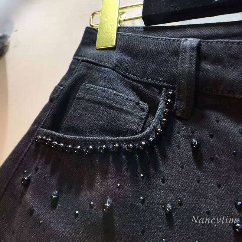 European Black Pants Summer New Heavy Industry Beads Hot Diamond Denim Splicing Crochet Hollow Lace Jeans Women MAKOUFEI