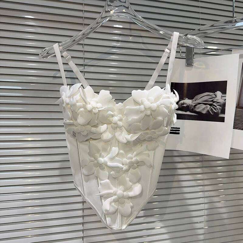 2026 New Women 3D Floral Camisole Fishbone Waist Slim Tank Top With Chest Pad Sexy Sling Vest Fashion Crop Top MAKOUFEI