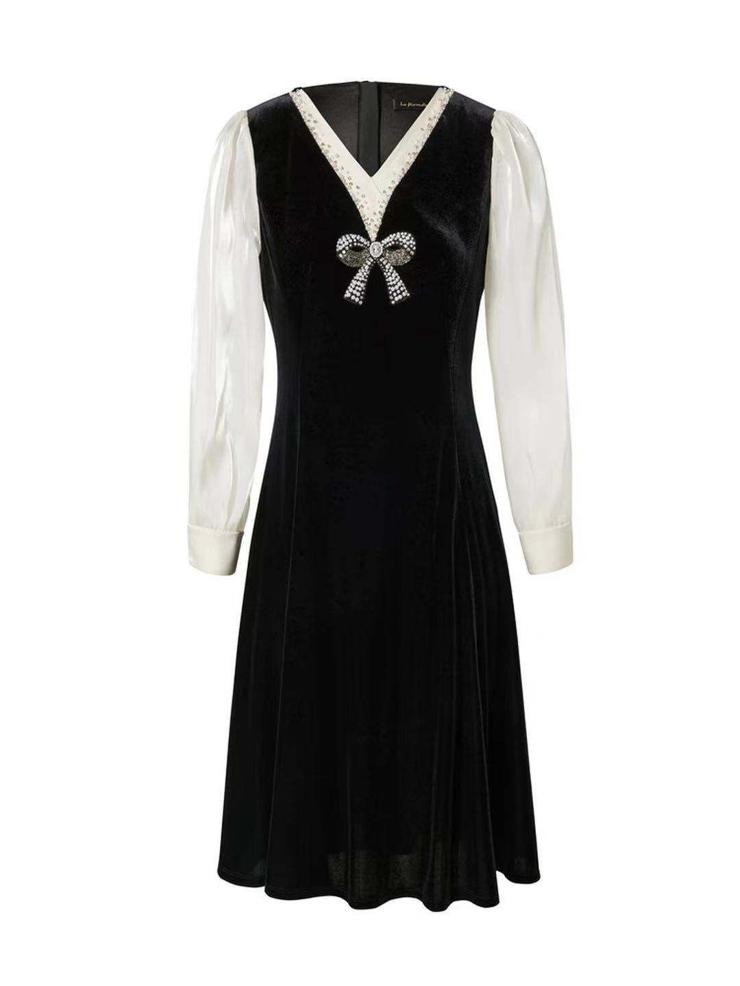 Stylish Bead Embellished V-neck Cocktail Dress with Pinstripe Detail for Ladies Black L