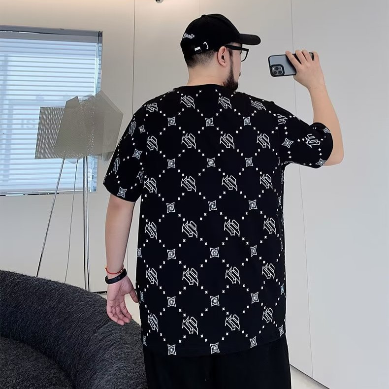 2026 Extra Large 150kg Summer Full Print Designer T-shirt Luxury Trendy Brand Diamond Grid Men's Fat Loose Short Sleeve Top Youth Breathable Mois
