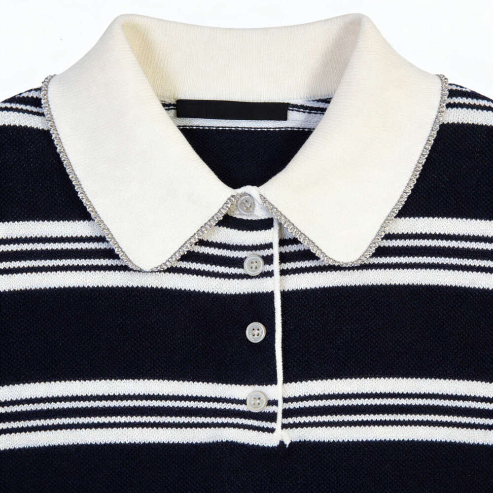 2026 spring new designer French k30 casual striped lapel with rhinestone decoration elegant pullover
