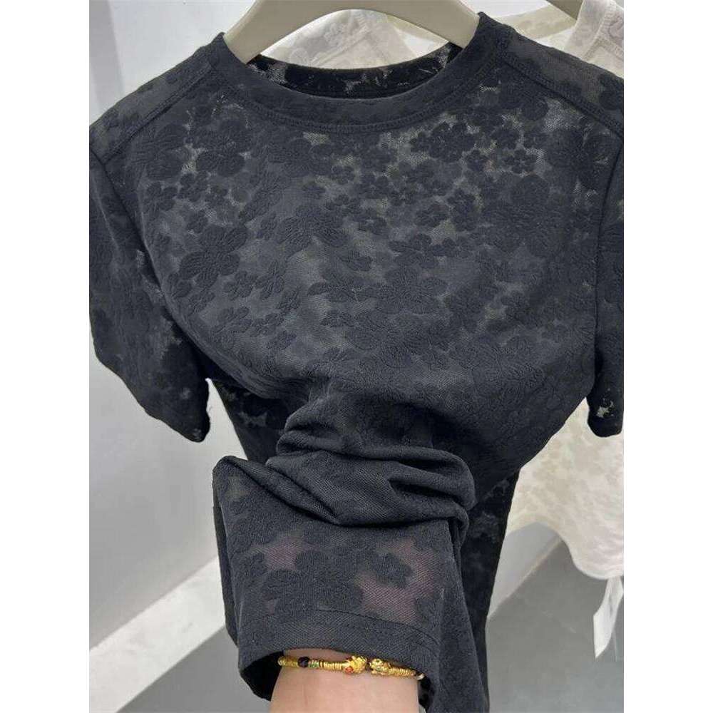 Black Lace Crew Top Solid Elegant Casual Flower Embroidery Short Sleeve T Shirts for Women Harajuku Summer Tees Basic MAKOUFEI