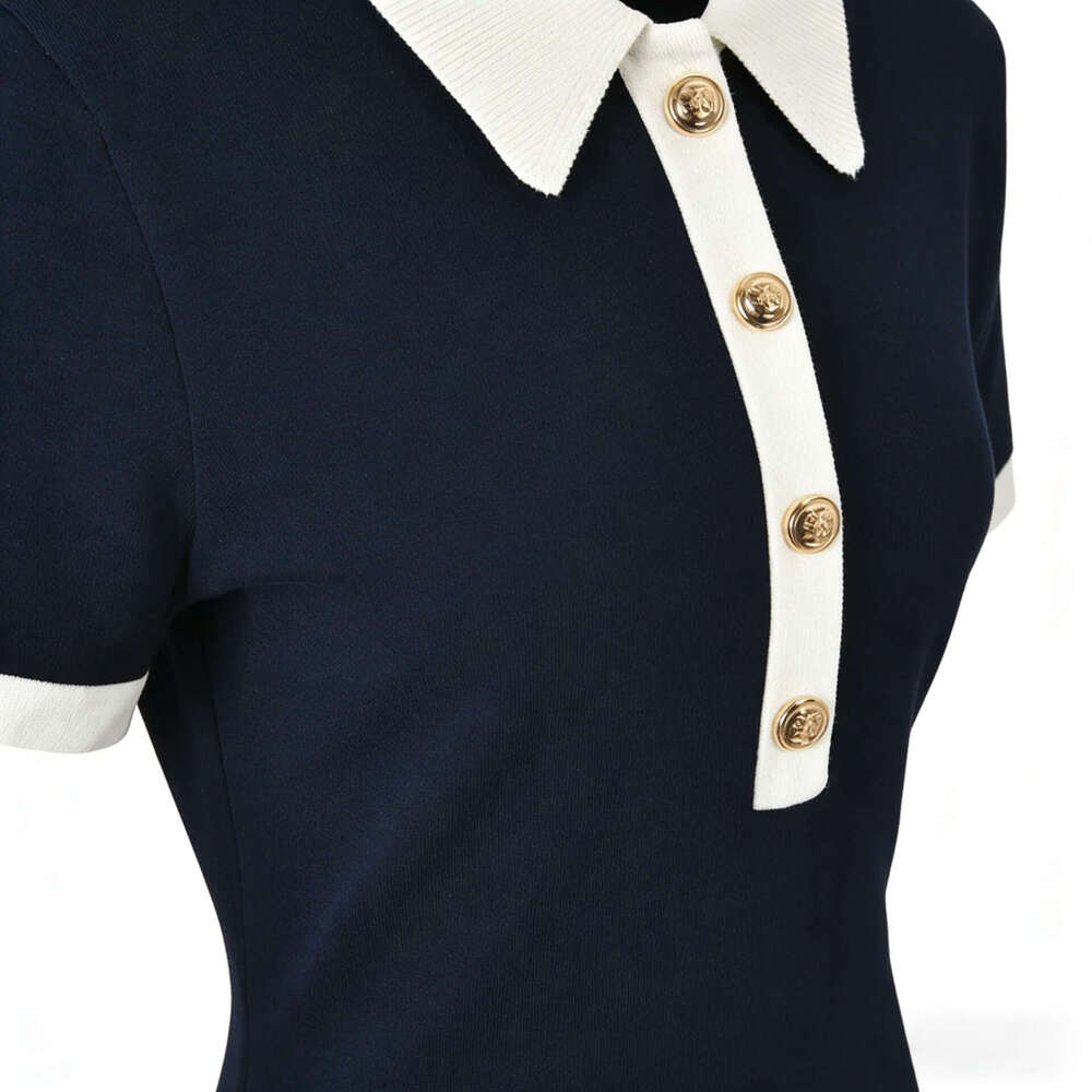 2026 Spring Designer Women's Gentle Style Elegant Color blocked Polo k30 Collar Short Sleeve French Slimming Knitted Dress