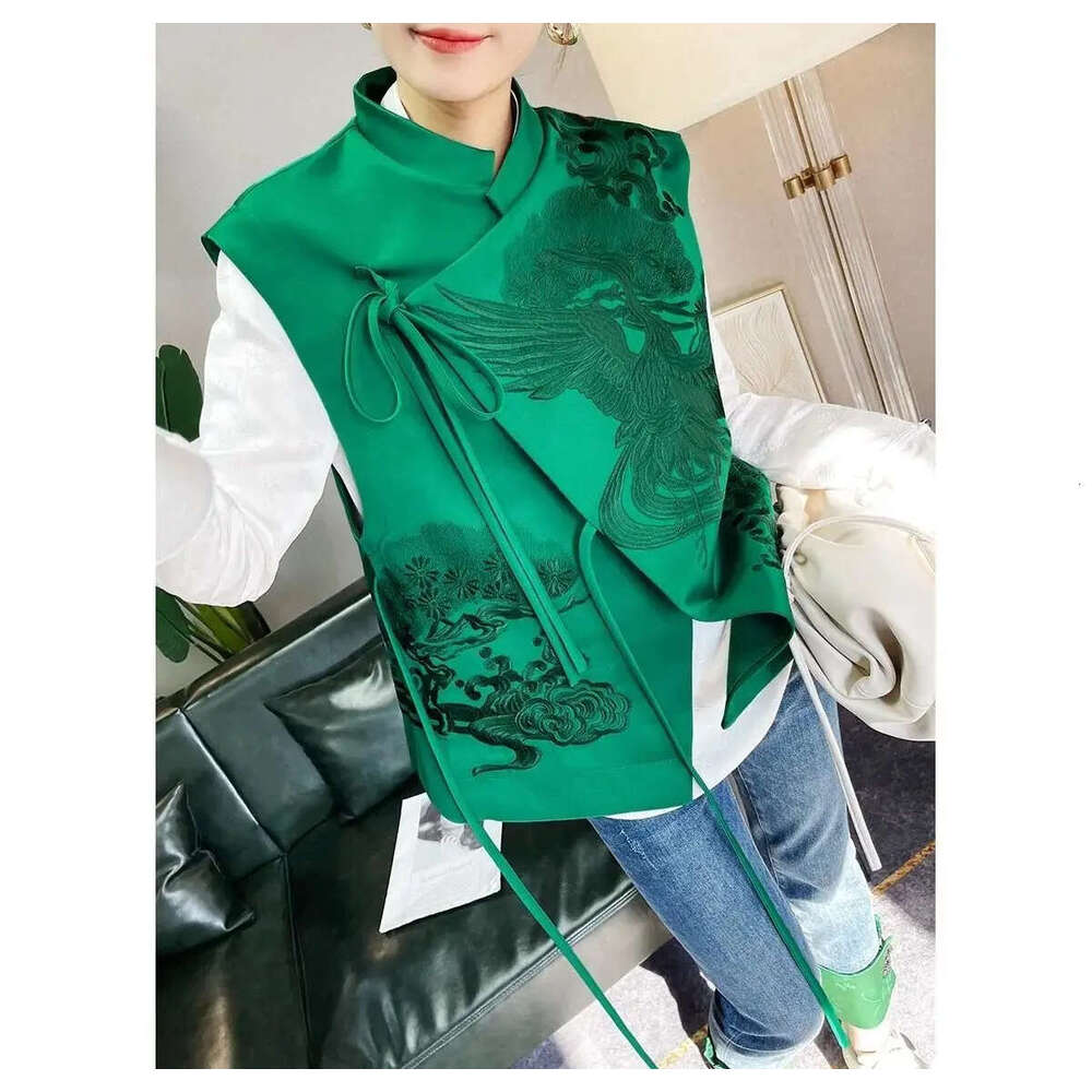 New Outerwear Retro Heavy White Stork Embroidery Green Lace Jacket Female Spring And Summer Chinese Style Vest MAKOUFEI