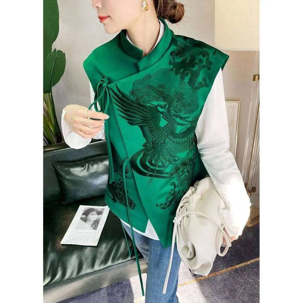 New Outerwear Retro Heavy White Stork Embroidery Green Lace Jacket Female Spring And Summer Chinese Style Vest MAKOUFEI