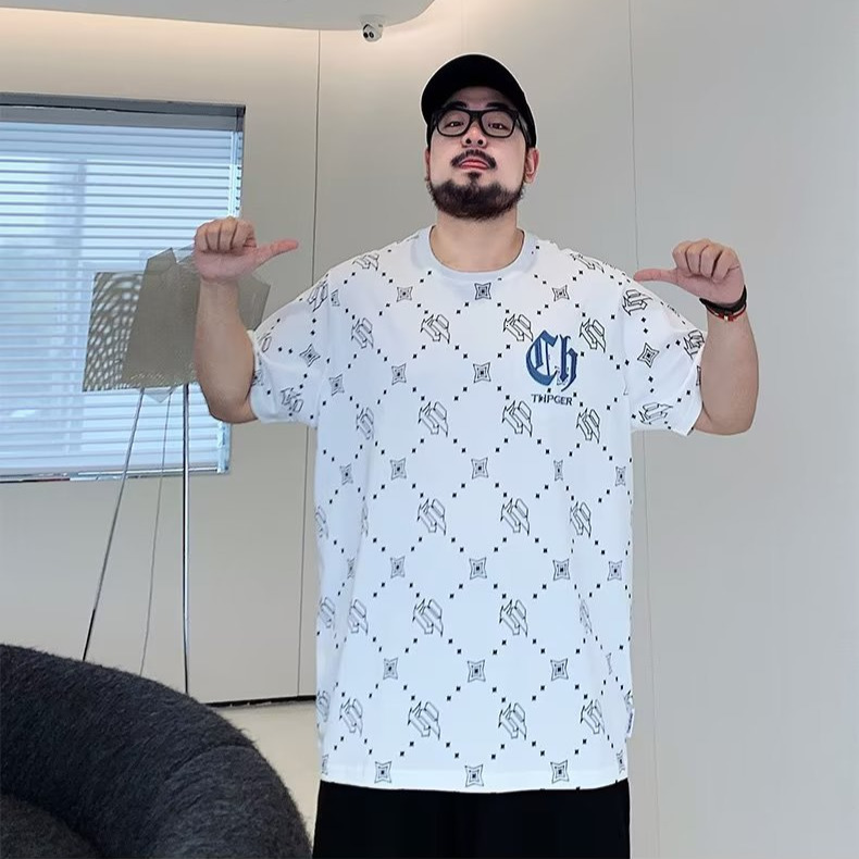 2026 Extra Large 150kg Summer Full Print Designer T-shirt Luxury Trendy Brand Diamond Grid Men's Fat Loose Short Sleeve Top Youth Breathable Mois