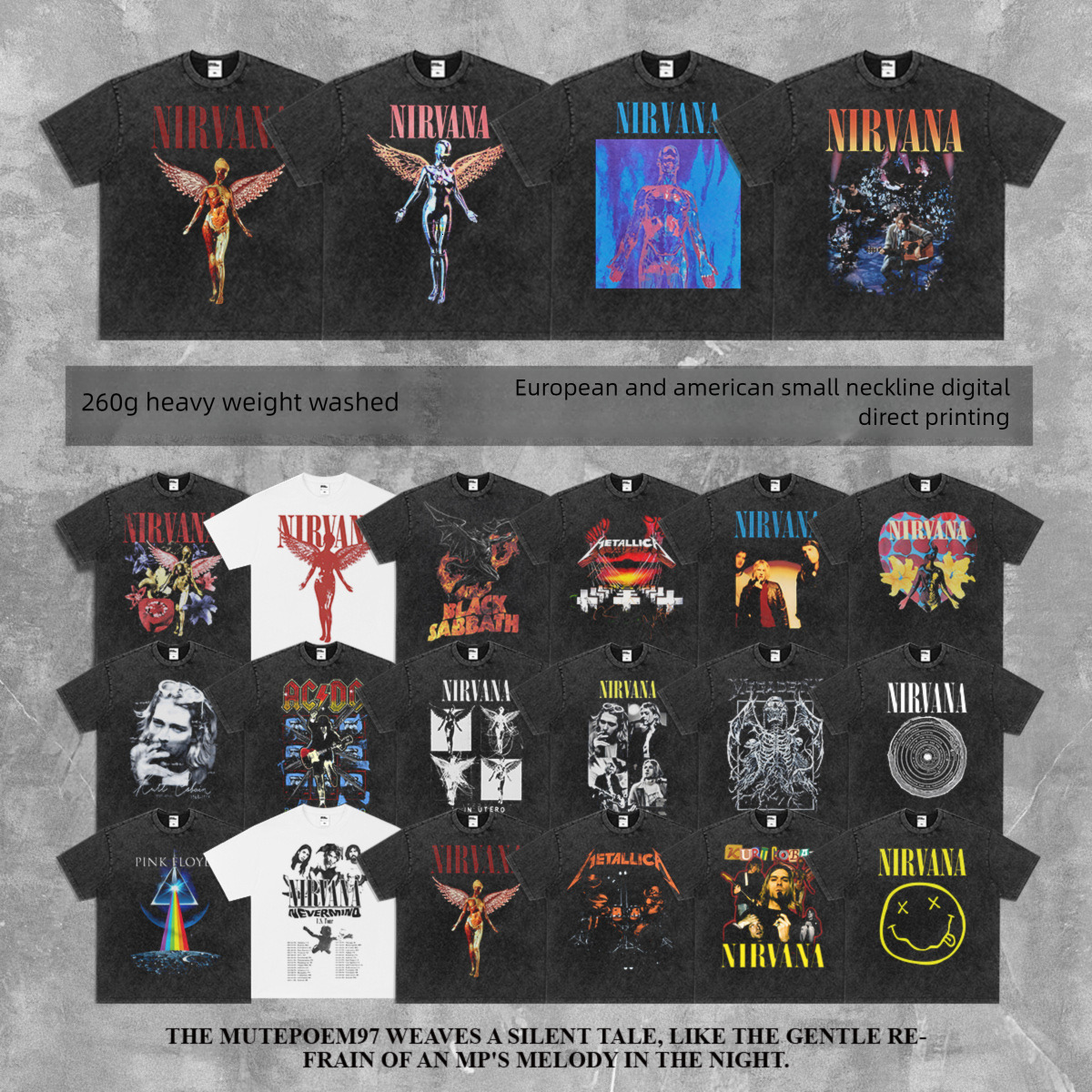 2026 American Street Rock Designer T-shirt Luxury Retro Washed Heavyweight Angel Digital Printed Pure Cotton Short Sleeved Top Outdoor Sports Loose Ca