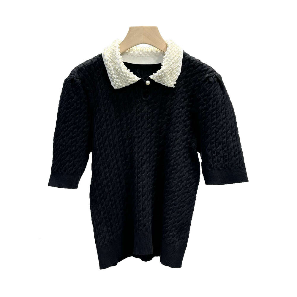 2026 Spring New Designer French Light k30 Luxury Style Knitted Women's Sweater Sweet Pearl Doll Neck Short Sleeve Top