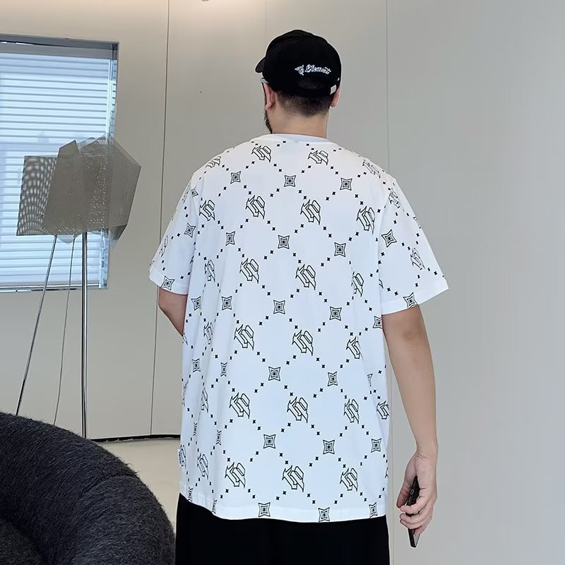 2026 Extra Large 150kg Summer Full Print Designer T-shirt Luxury Trendy Brand Diamond Grid Men's Fat Loose Short Sleeve Top Youth Breathable Mois