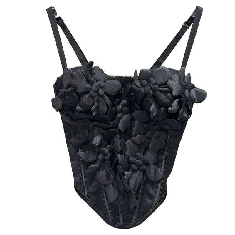 2026 New Women 3D Floral Camisole Fishbone Waist Slim Tank Top With Chest Pad Sexy Sling Vest Fashion Crop Top MAKOUFEI