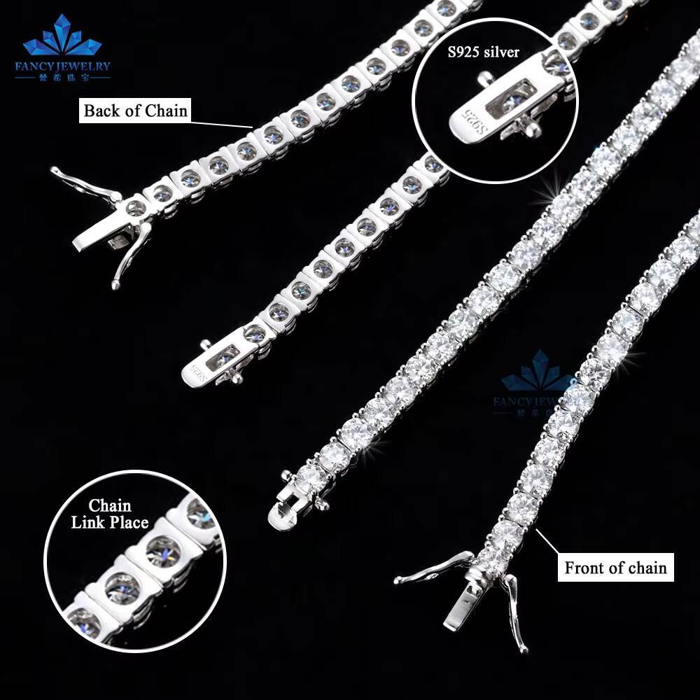 Ready to Ship Pass Diamond Tester Vvs Moissanite Tennis Chain 3mm 4mm 100 925 Sterling Silver Hip Hop Tennis Chain Moissanite