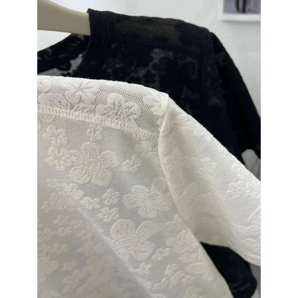 Black Lace Crew Top Solid Elegant Casual Flower Embroidery Short Sleeve T Shirts for Women Harajuku Summer Tees Basic MAKOUFEI