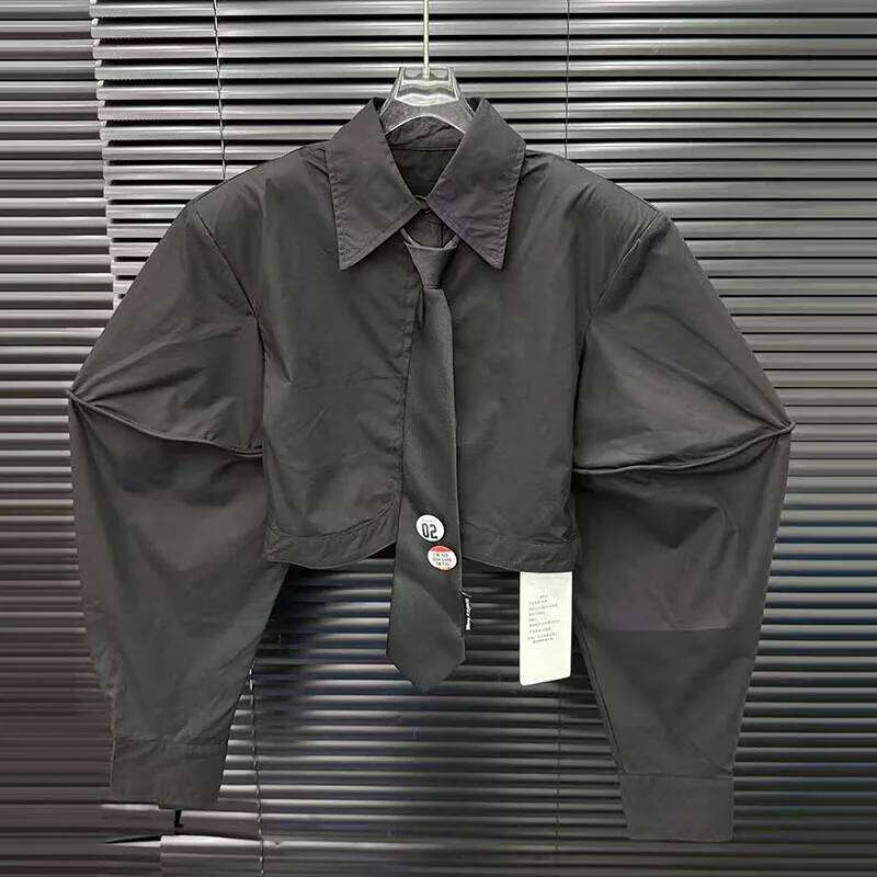 2026 Early Autumn New Women Tie Front Short Top Fashion Casual Loose Niche Design Versatile Trendy Blouse Shirt Women MAKOUFEI