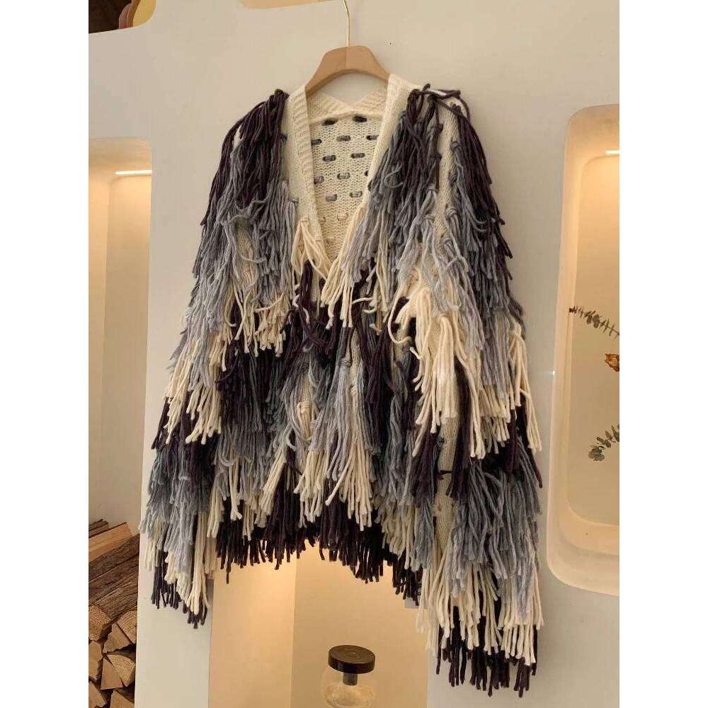 Vintage Color Block Shaggy Cardigan Jumper Loose Fringed Gradient Sweater Jacket Thick Autumn Winter Women Outwear Knitwear MAKOUFEI