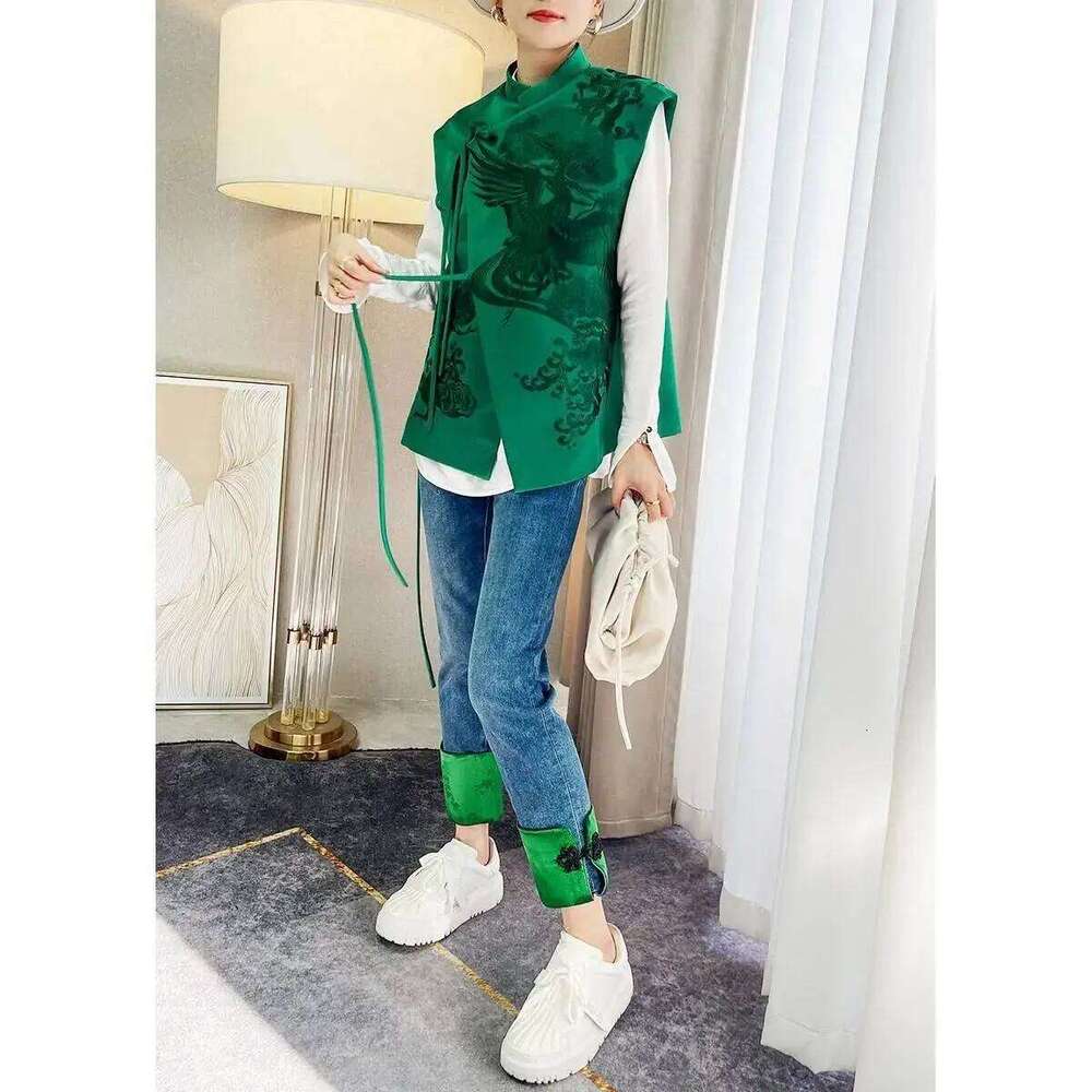 New Outerwear Retro Heavy White Stork Embroidery Green Lace Jacket Female Spring And Summer Chinese Style Vest MAKOUFEI