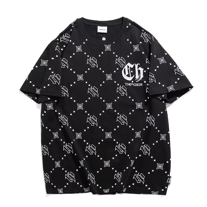 2026 Extra Large 150kg Summer Full Print Designer T-shirt Luxury Trendy Brand Diamond Grid Men's Fat Loose Short Sleeve Top Youth Breathable Mois