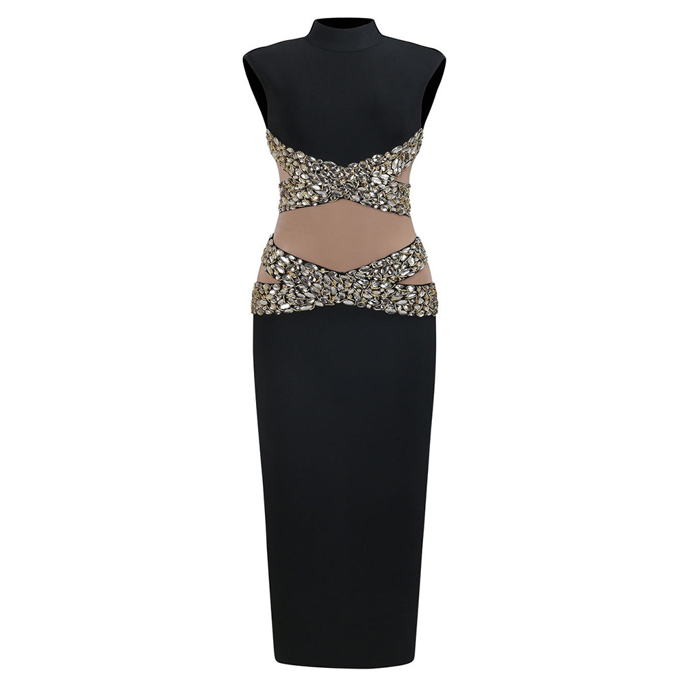 OC413N61 Jewel Hollow Crystal Sexy Back Evening Dress Women Elegant Long Sleeveless Mesh Beaded Cross-border Custom