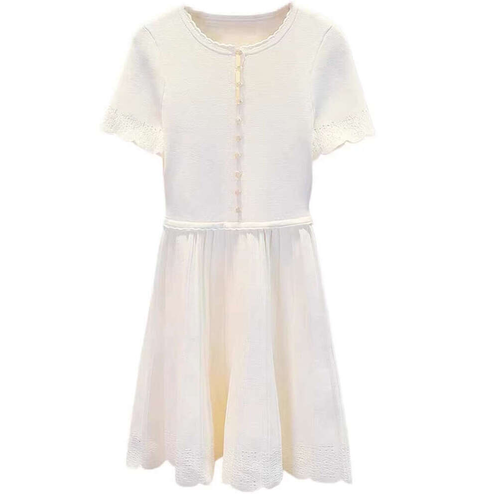 2026 Summer Height Teacher Women's Light Luxury Slim Fit Hundred Fold Knitted Round Neck Short Sleeve French k30 Pattern Dress