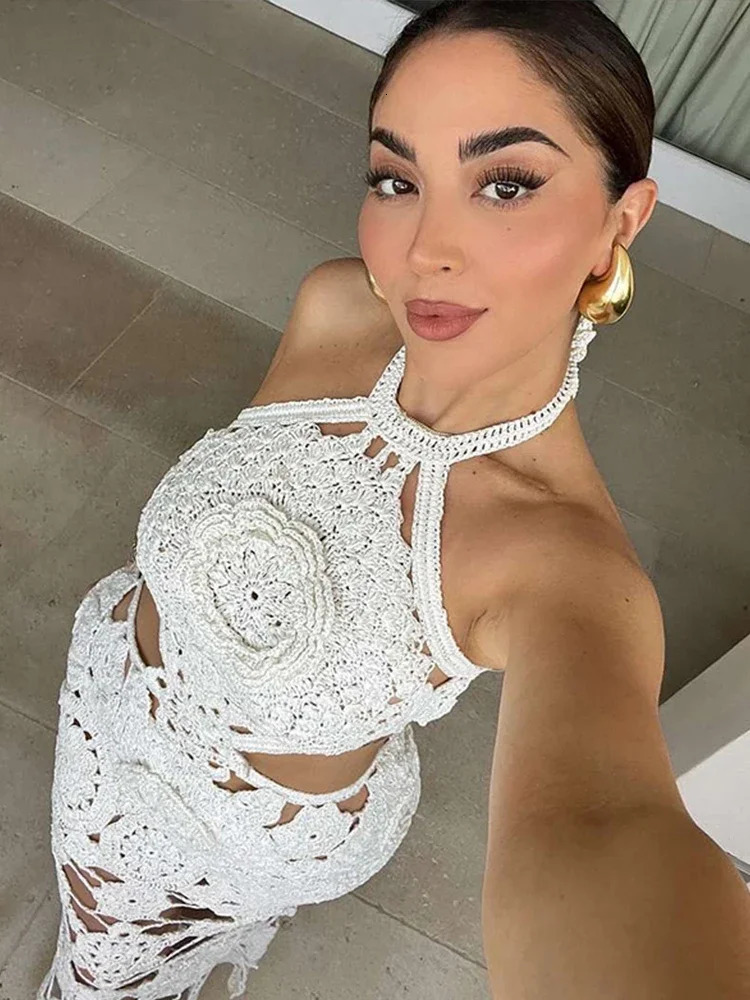 Hook Crochet Flower Long Dresses Women Knitted Halter Sexy Hollow Out Sleeveless Backless Maxi Dress Holiday Fashion Beach Robes 260410