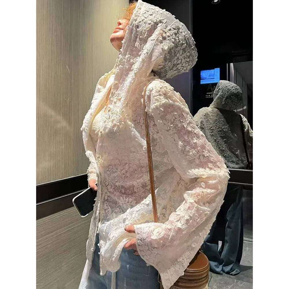 Europe America Y k Sexy White Long sleeved Short Lace Shirt Crop Top Female Summer Lazy Loose Chic Smock Shawl Mesh Blouse Goth MAKOUFEI
