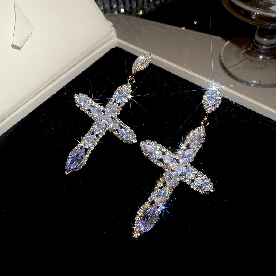 Silver Needle European and American Cross Women, Full Diamond Long Earrings, Light Luxury Palace Style Exaggerated Earrings Wholesale for Women - view 7