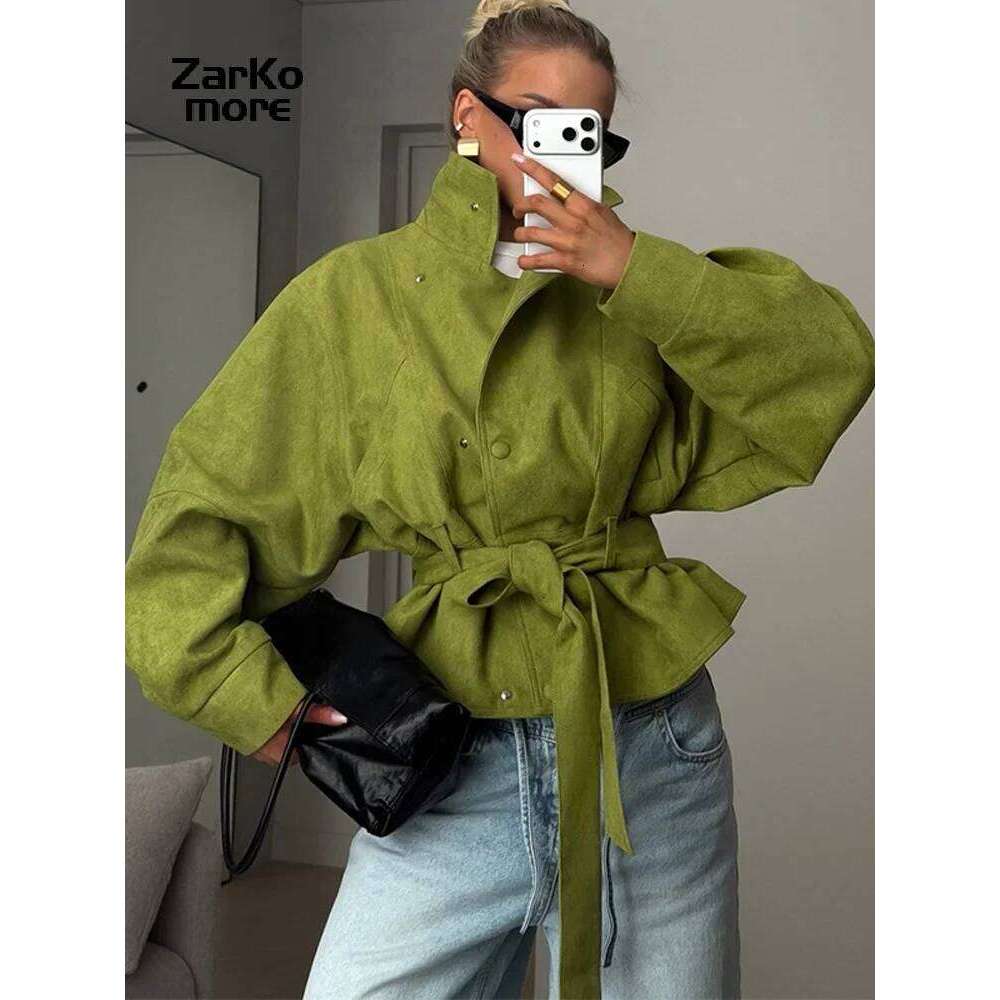 Vintage Women s Suede Jacket Lace Up Lapel Button Loose Long Sleeve Thick Female Coat Spring Autumn Lady Street Outwear New MAKOUFEI