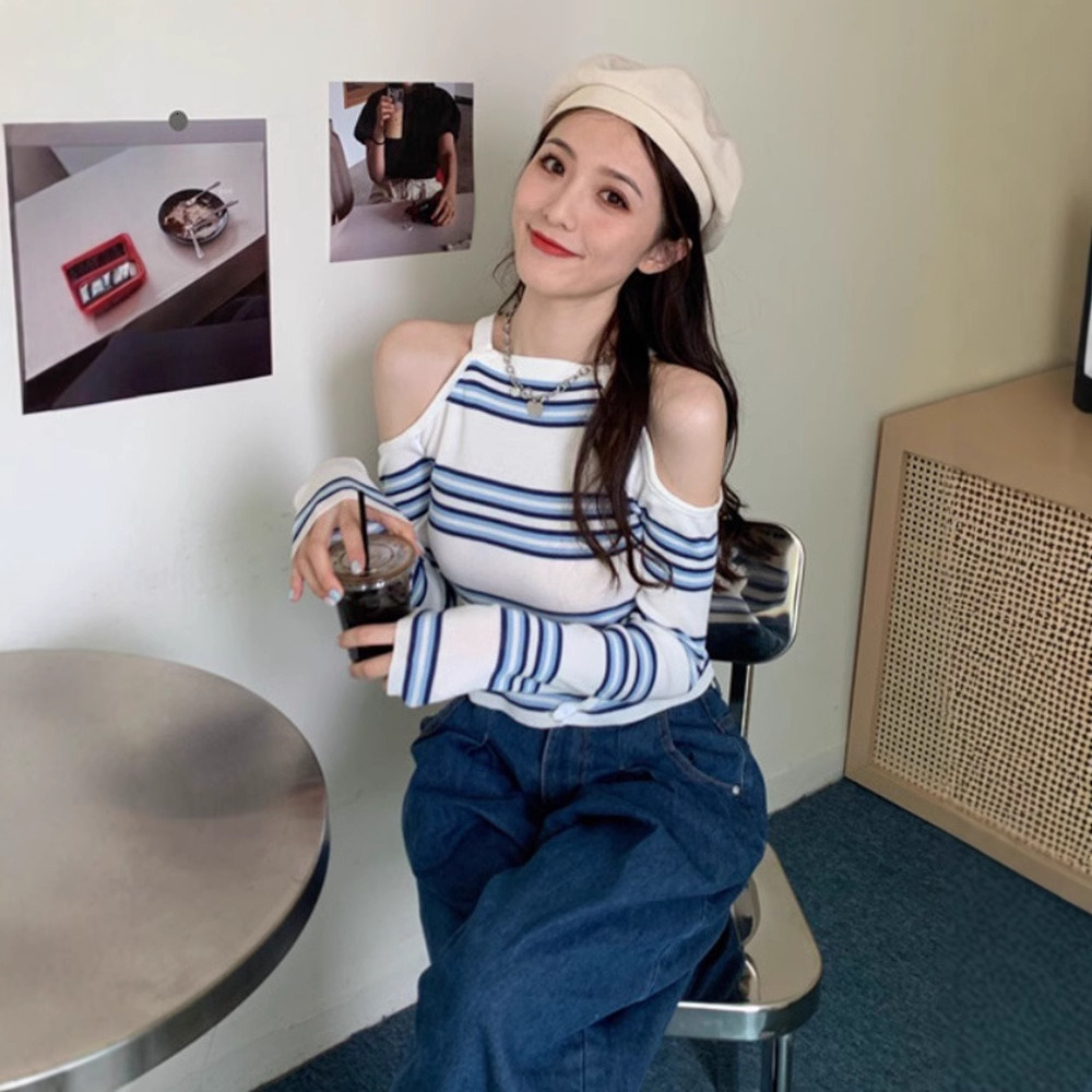 New Spring Collection Women's Knitted Shirt, Internet Famous, Popular, Hanging Neck, Off Shoulder, Striped Long Sleeve, Inner Undercover, Top