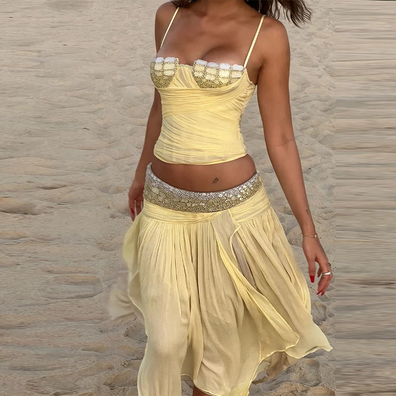 Elegant Yellow Sequin Splice Skirt Set Women Chic Irregular Chiffon Pleated Spaghetti Strap Sling Suit Holiday Beach Party Wear 260423