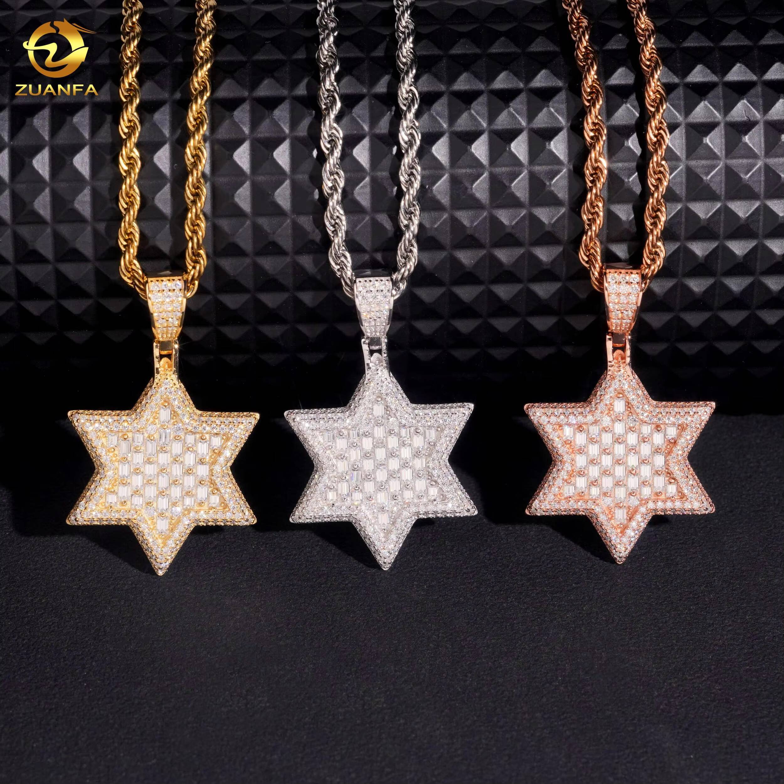 Fashion Fine Hip Hop Moissanite Jewelry Iced Out Pendant Star Design 925 Silver VVS Moissanite Baguette Diamond Jewelry Pendants