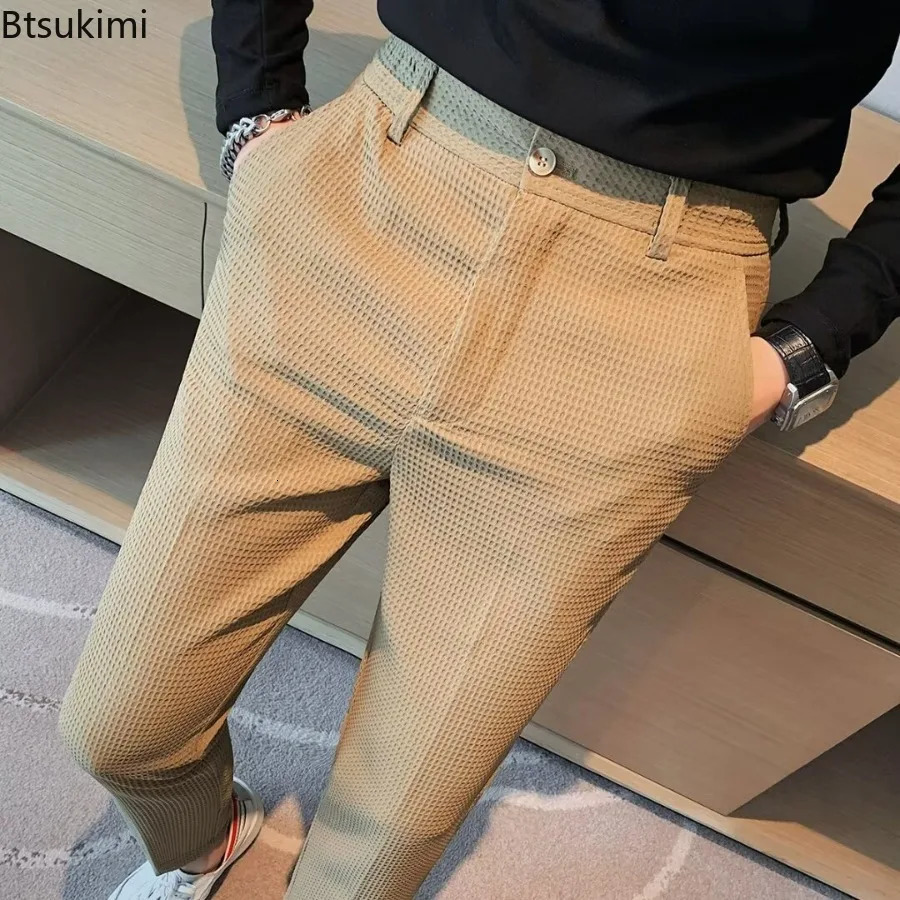 2026 High-grade Mens Solid Suit Pants Spring Summer Korean Style Pocket Straight Nine Split Pants Male Business Casual Trousers 260410