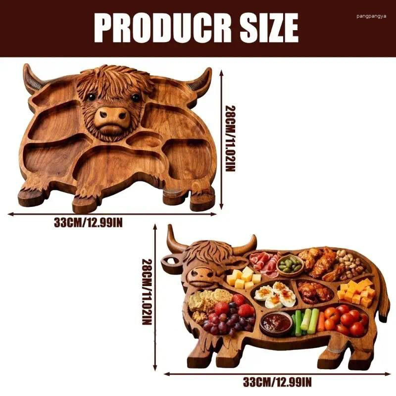 Plates High Land Cow Wooden Charcuterie Board With Compartments Platter Appetizer Serving Tray Farmhouse Home Party Decors K43D