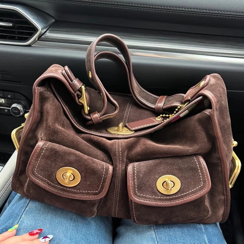 Retro Fashion Suede Shoulder Bag Multiple Pockets Motorcycle Crossbody Bag Underarm Bag Large Capacity Bag Handbag 260410