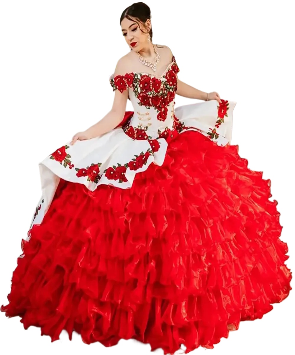 White Red Charro Quinceanera Dresses Plus Size Flower Mexican Prom Dress With Big Bow Corset Organza Sweet 15 Party Gowns vestidos De Gala BC22874