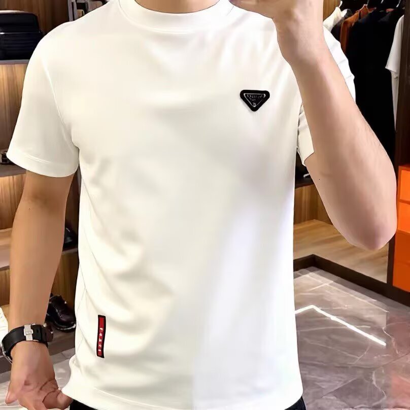 Designer Luxury European Casual Fashion Semi High Neck Designer T-shirt Men's Short Sleeved Summer Fashion Light Luxury Triangle Logo Badge Short