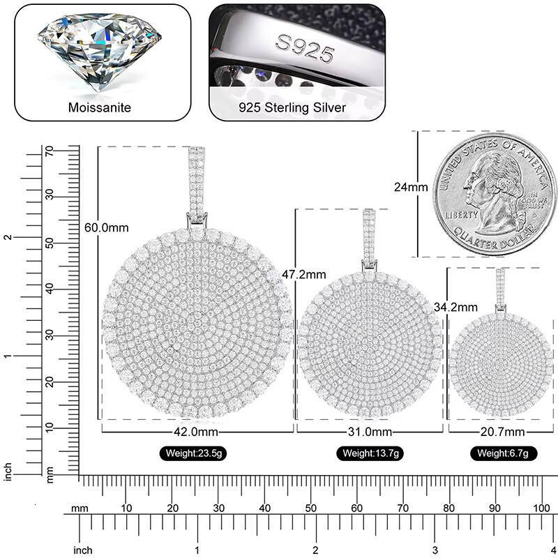 Fine Hip Hop Jewelry 20/30/40mm Silver Pass Diamond Tester VVS Moissanite Iced Out Disc Coin Tag Pendant Necklace for Men Women
