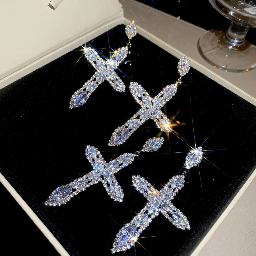 Silver Needle European and American Cross Women, Full Diamond Long Earrings, Light Luxury Palace Style Exaggerated Earrings Wholesale for Women - view 8