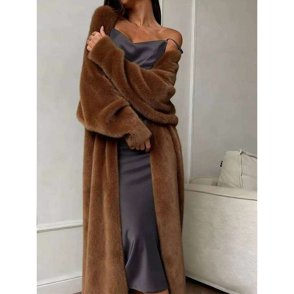 2026 Autumn Winter Women Faux Mink Fur Long Cardigan Loose Plush Fluffy Knitted Coat White Thick Warm Soft Outerwear MAKOUFEI