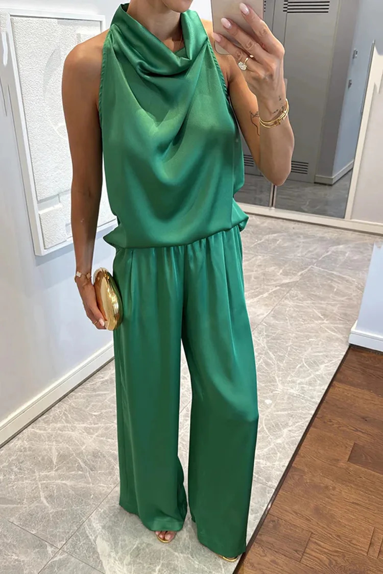 Casual Satin 2 Piece Set Spring Summer Fashion Solid Color Sleeveless Grown-on Collar Top Elastic Waist Wide Leg Pants Suit 260410 - view 5