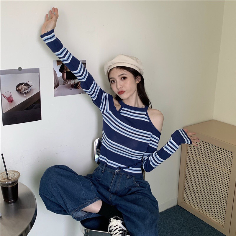 New Spring Collection Women's Knitted Shirt, Internet Famous, Popular, Hanging Neck, Off Shoulder, Striped Long Sleeve, Inner Undercover, Top