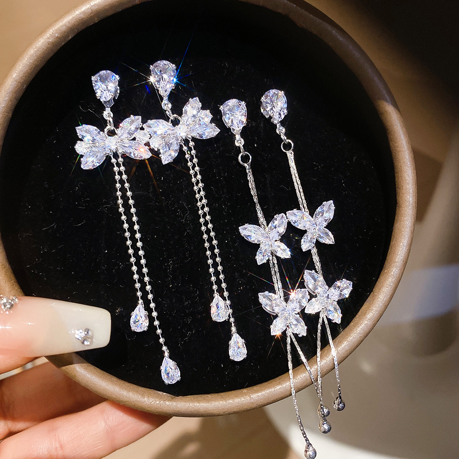 Silver Needle European American Style Sparkling Zircon Butterfly Tassel Luxurious and Sophisticated Stud Earrings, Popular Versatile Elegant Dangle Ea - view 8