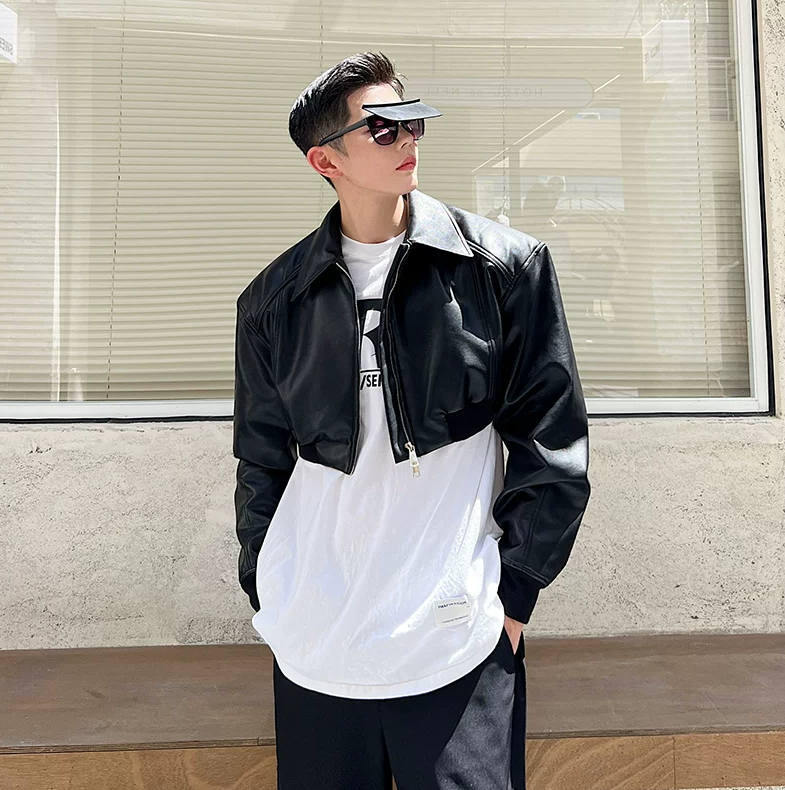 Autumn high-end PU leather ultra short jacket men's design Korean silhouette jacket
