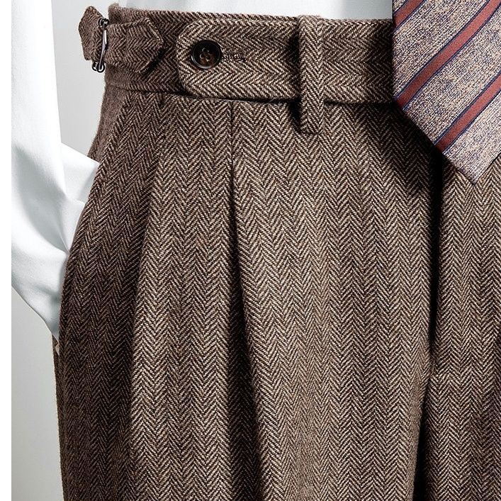 Naples Pants Men Italian Style High Waist Slim Wool Trousers Handmade Tweed Double Pleat Casual Straight Long Pants 240914