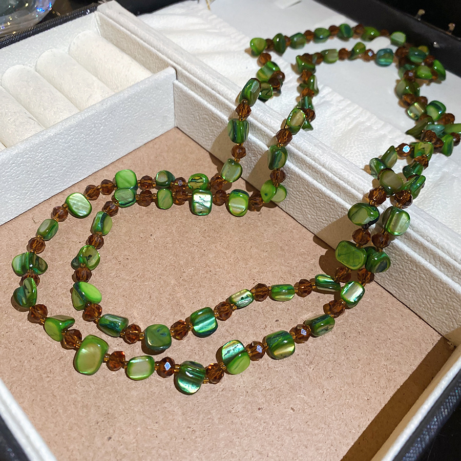 Bohemian green natural shell necklace with unique design, vintage layered collarbone chain, a fresh summer accessory - view 7