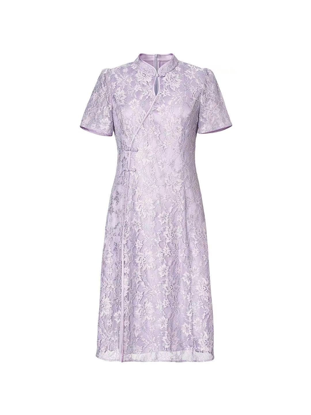 Light Purple Womens Elegant Lace-Stand Collar Summer Dress with Slender Fit