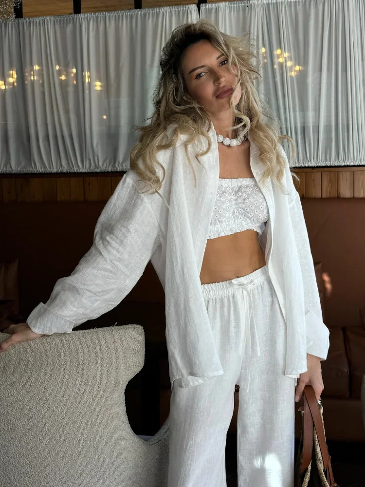 Solid Casual Cotton Linen Shirt Sets Chic Button Down Blouse Drawstring Wide Leg Trousers Suit Womens Summer Vacation Wear 260409