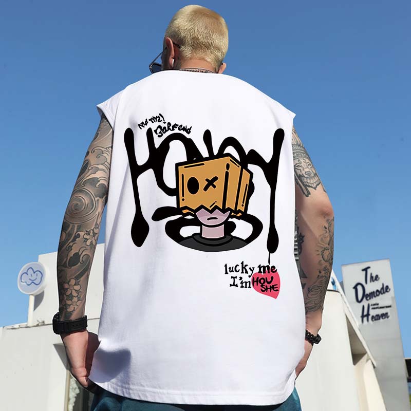 Summer Men's 300LBS Plus Size Loose Sleeveless Tees | Gym Athletic Trendy Minimalist Cartoon Print Tank Tops