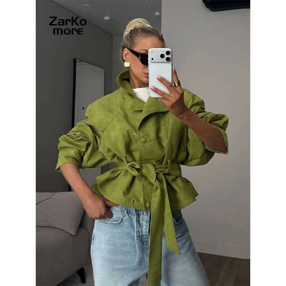 Vintage Women s Suede Jacket Lace Up Lapel Button Loose Long Sleeve Thick Female Coat Spring Autumn Lady Street Outwear New MAKOUFEI